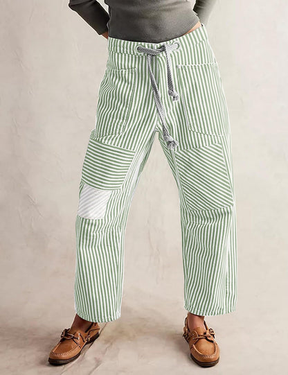 Casual Splice Striped Drawstring Wide Leg Pants