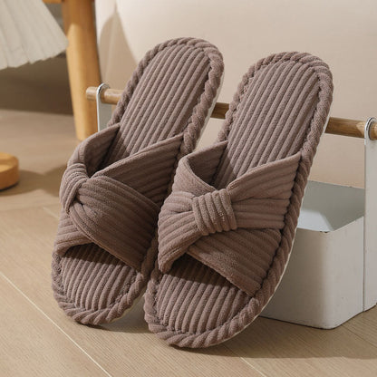 Cozy Corduroy Crossed Bow Indoor Slippers
