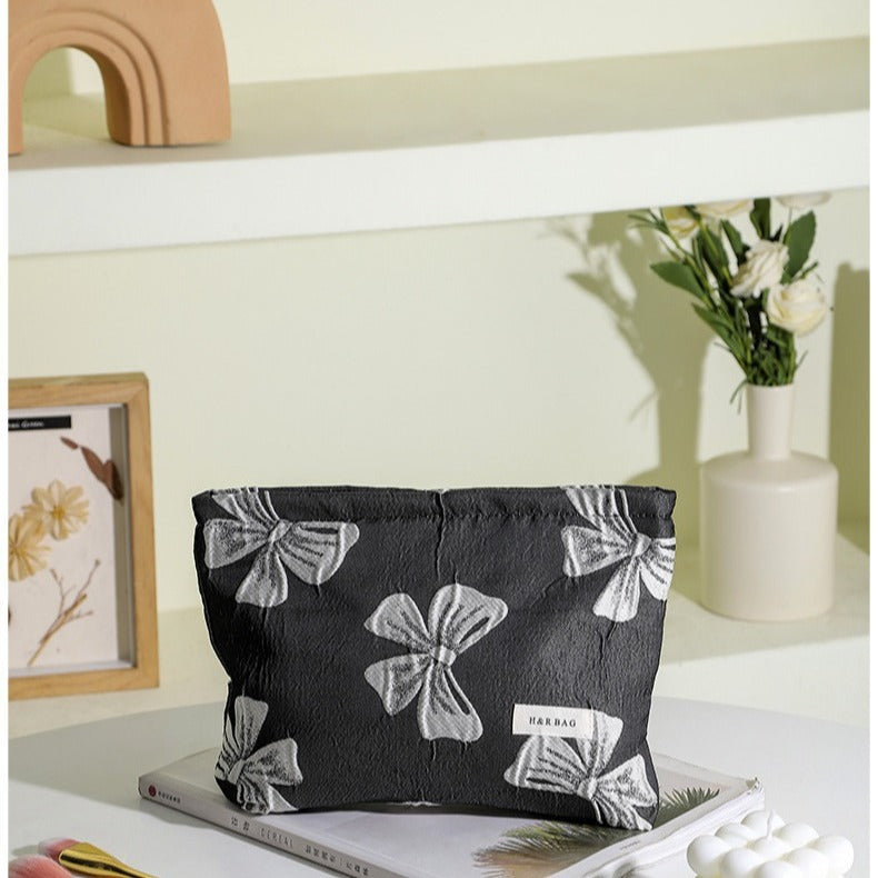 Bows Jacquard Handbag Portable Cosmetic Bag