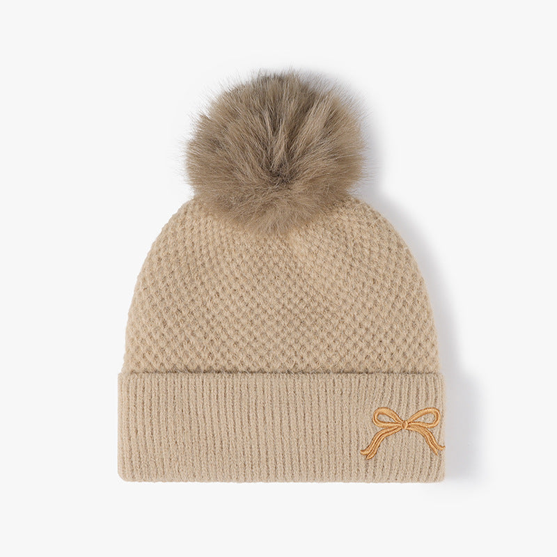 Cute Bow Embroidery Pom Pom Thicken Beanie