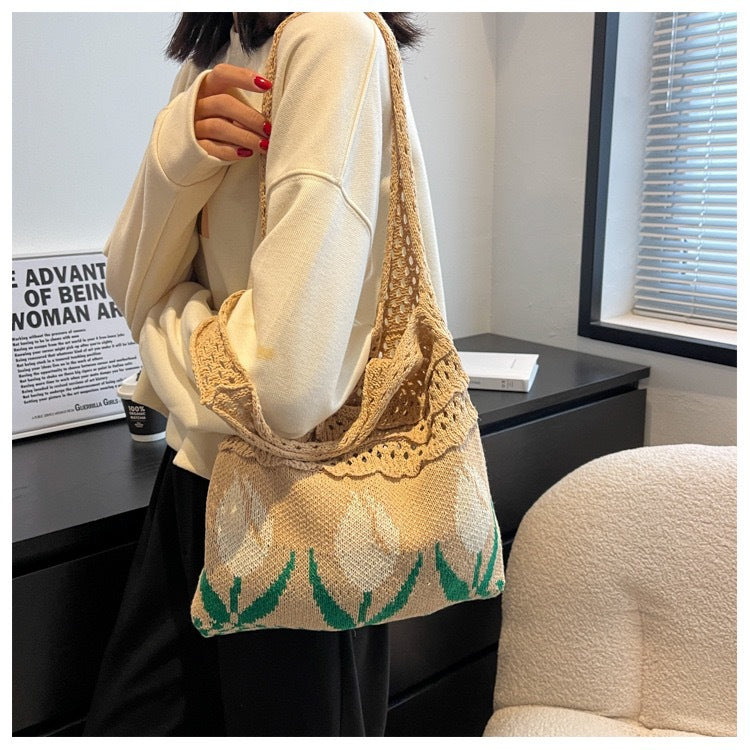Vintage Flower Jacquard Knit SHoulder Bag