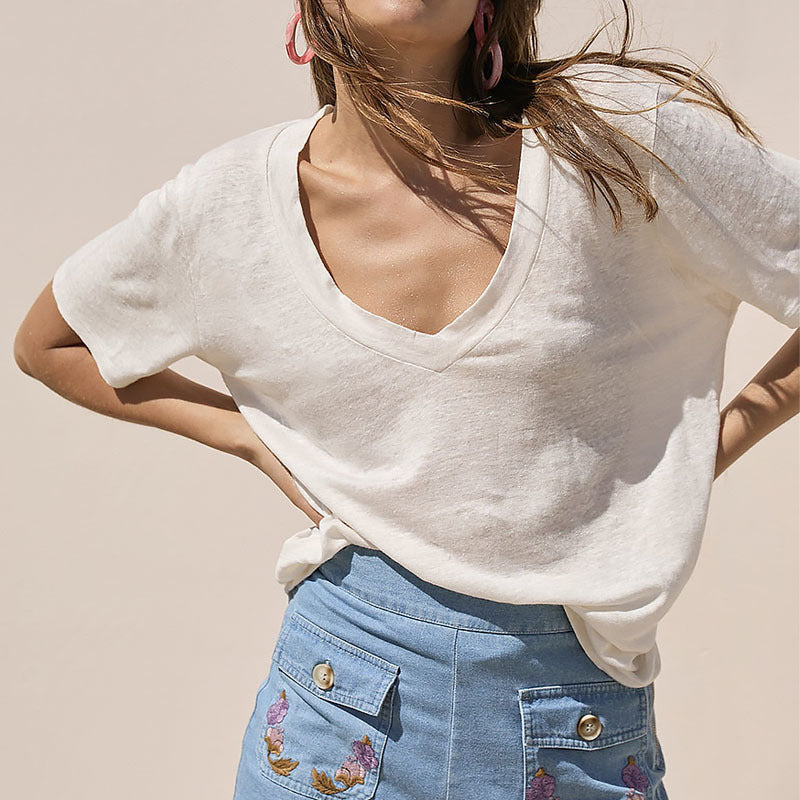 Solid Color Deep V-Neck Loose T-Shirt