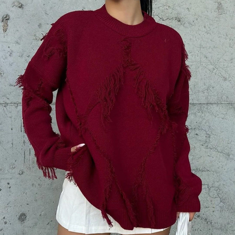 Vintage Loose Tassel Patchwork Pullover Sweater