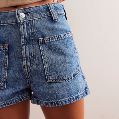 Denim Pocket Casual Mid-Waist Washed Shorts