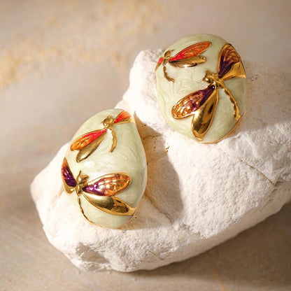 Asymmetrical Oval Enamel Dragonfly Stud Earring