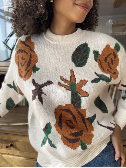 Vintage Round Neck Floral Woven Knit Top
