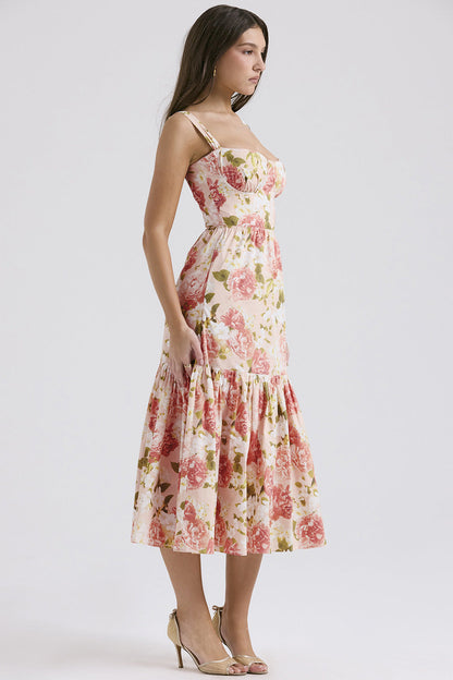 Corset Floral Midi Aline Spaghetti Dress