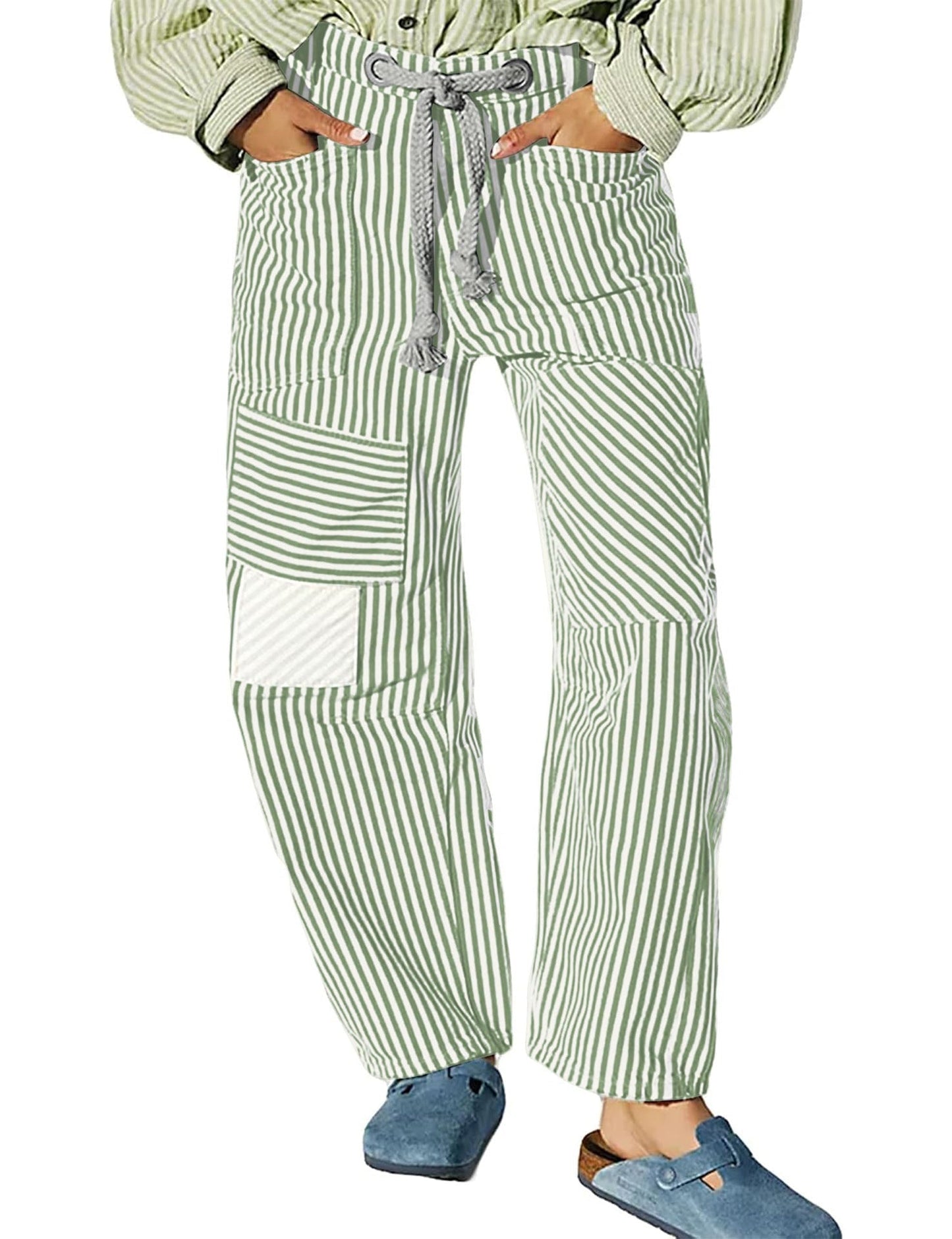 Casual Splice Striped Drawstring Wide Leg Pants
