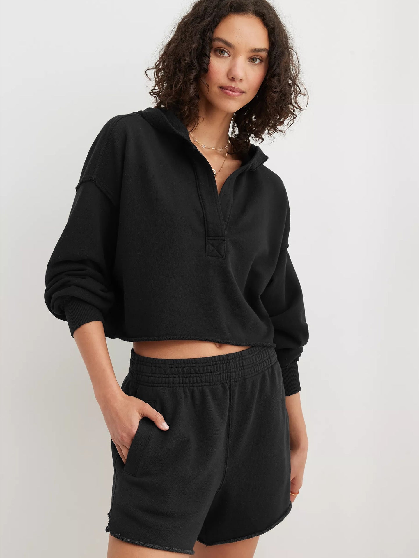 Solid Color Short Loose Hooded Sweatshirt