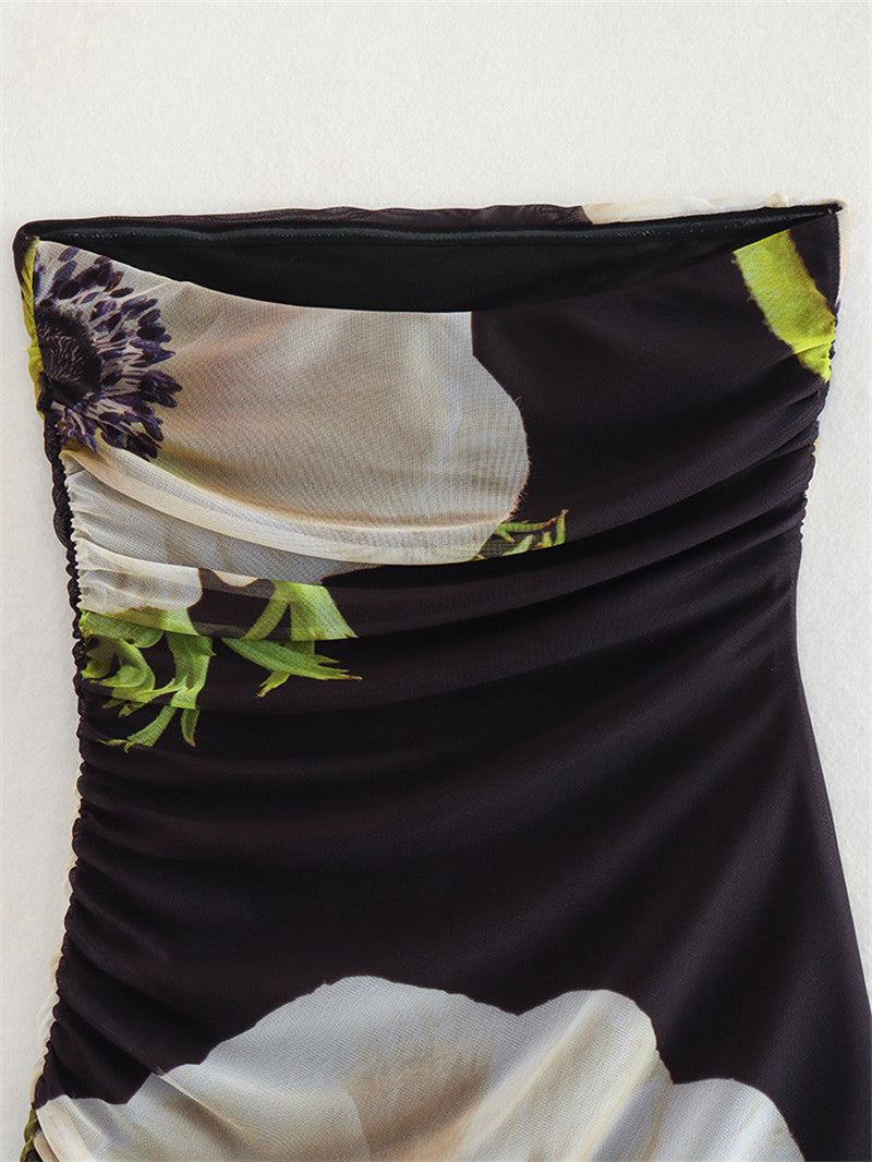 Trendy Strapless Printed Asymmetrical Midi Dress