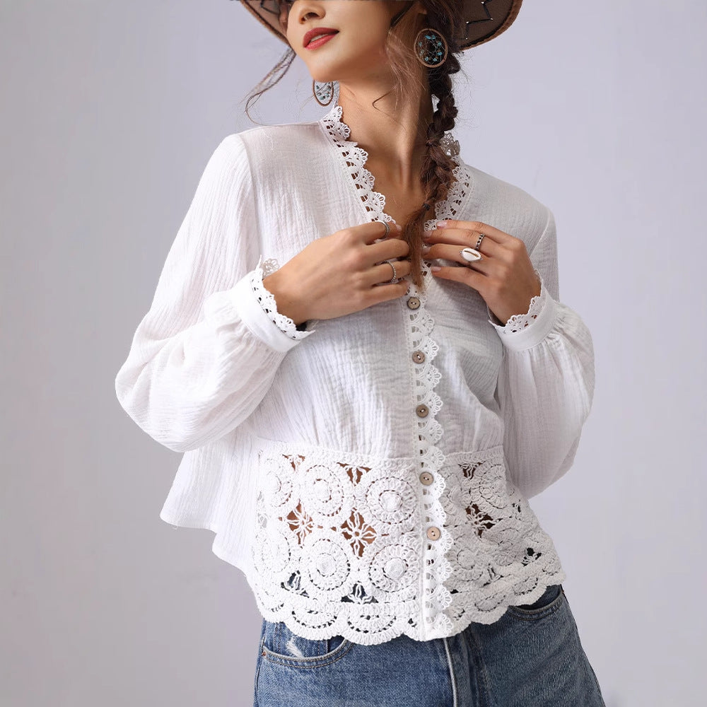 Hollow Lace Ruffled V-Neck Shirt