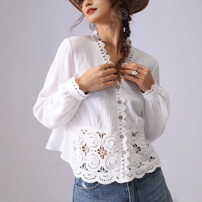 Hollow Lace Ruffled V-Neck Shirt
