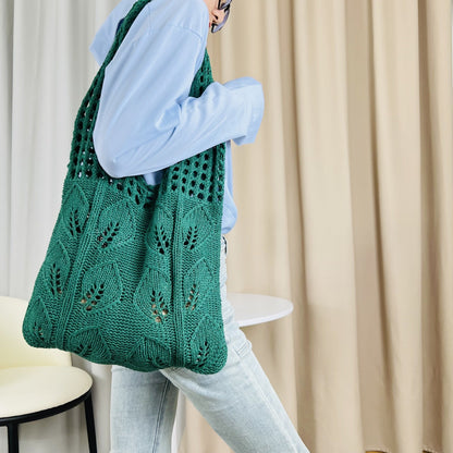 Solid Color Hollow Out Knit Shoulder Tote Bag