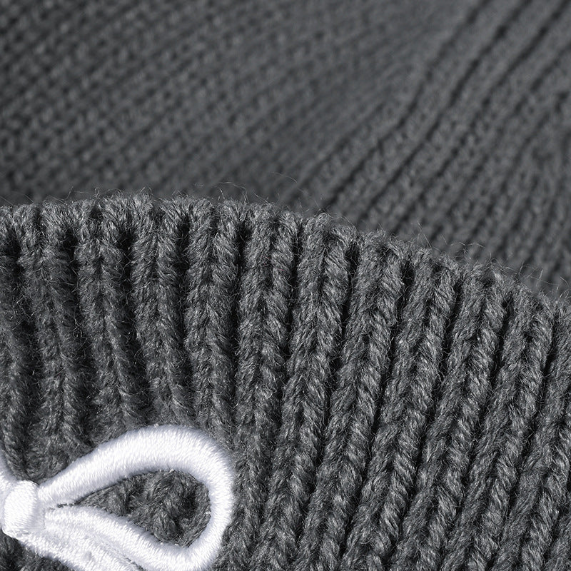 Cute Bow Embroidery Cuffed Thicken Knit Beanie