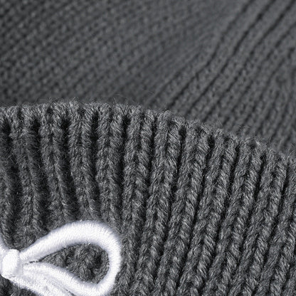 Cute Bow Embroidery Cuffed Thicken Knit Beanie