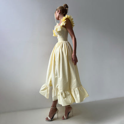 Trendy Square Neck Striped Ruffle Midi Dress