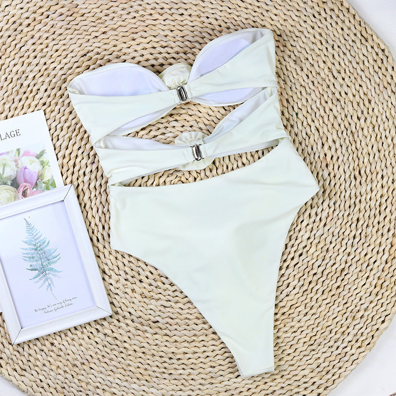 Solid Color Strapless Hollow Out Flower Sexy Swimwear