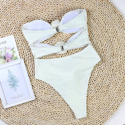 Solid Color Strapless Hollow Out Flower Sexy Swimwear