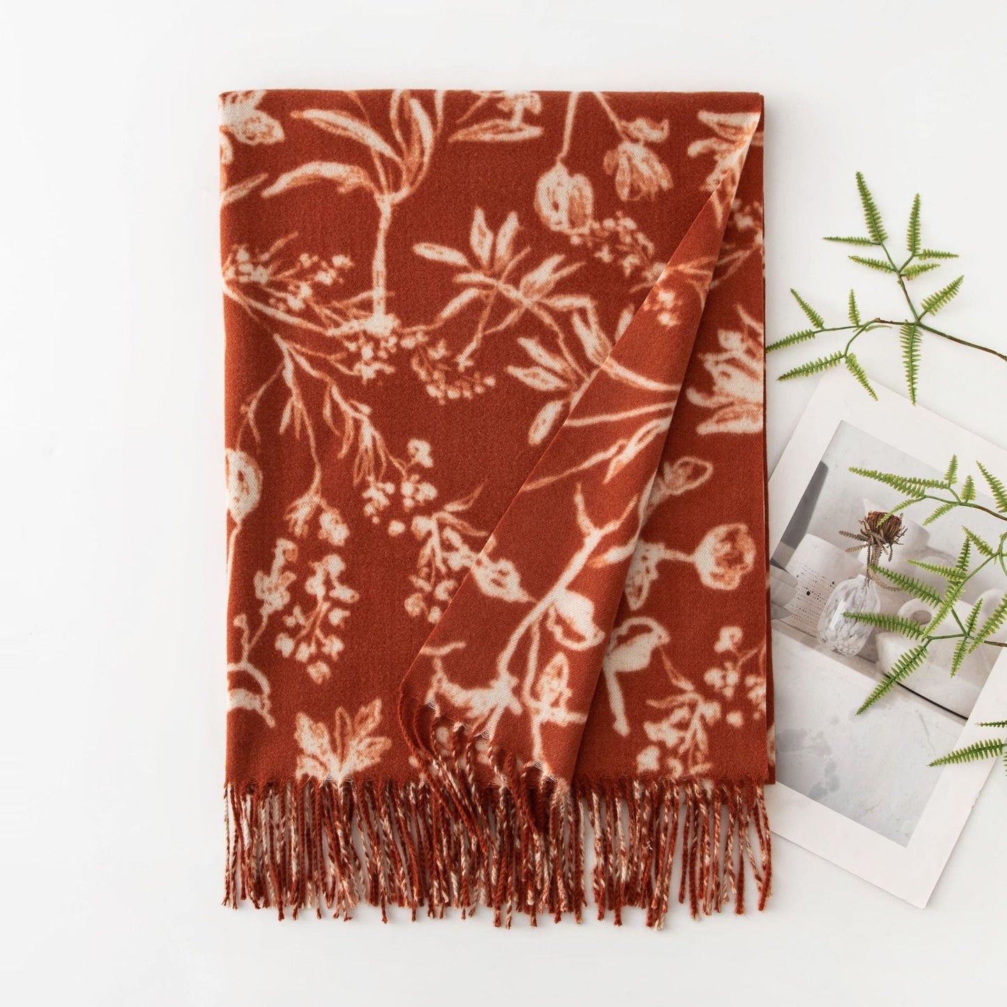Floral Print Soft Fringed Thick Scarf