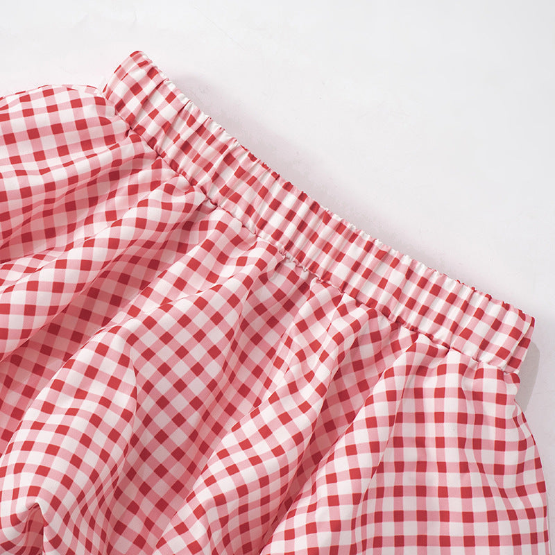 Cute Bow Top Plaid Puffy MIni Skirt Set