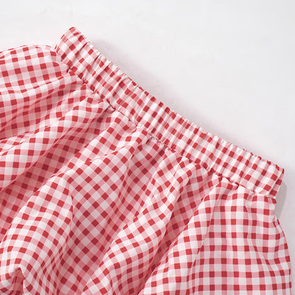 Cute Bow Top Plaid Puffy MIni Skirt Set
