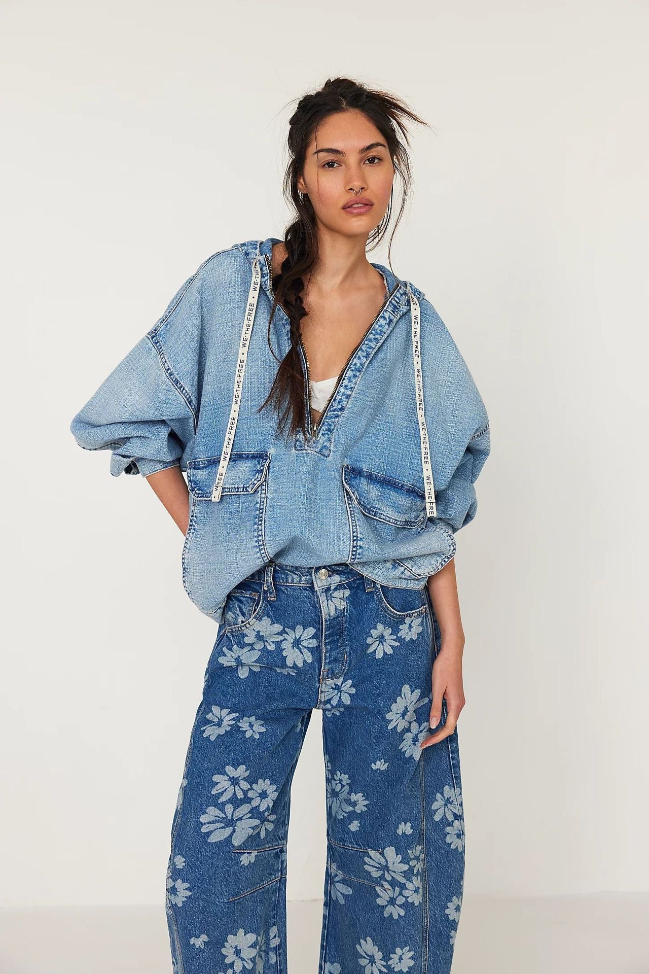 Flower Print Loose Midi Waist Jeans