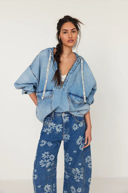 Flower Print Loose Midi Waist Jeans