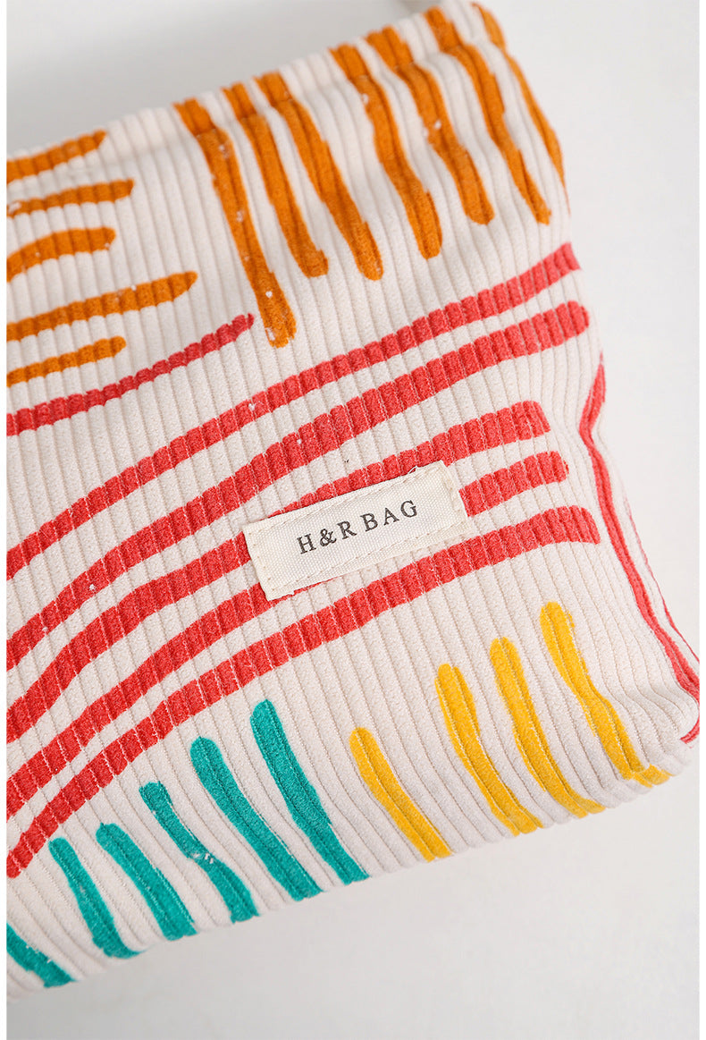 Floral Sreipe Corduroy Portable Cosmetic Bag