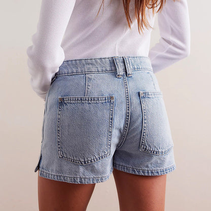 Denim Pocket Casual Mid-Waist Washed Shorts
