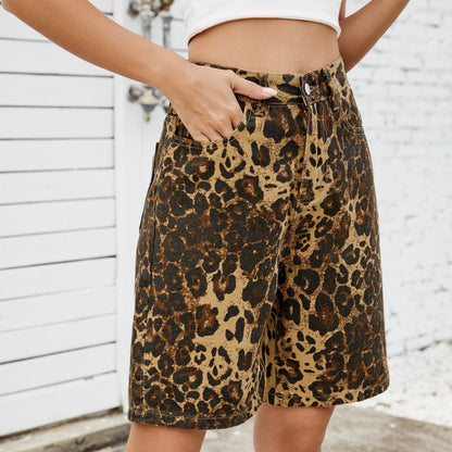 Retro Leopard Print Casual Denim Shorts