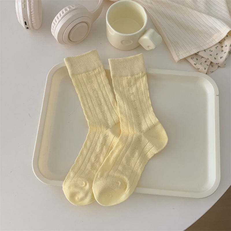 Solid Color Bow Hollow Mesh Thin Socks