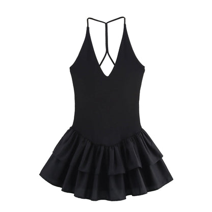 Trendy Solid Color Ruffle Hem Halter Dress