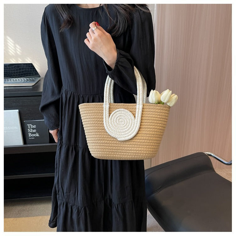Color Block Large Capacity Woven Tote Handbag