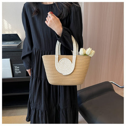 Color Block Large Capacity Woven Tote Handbag