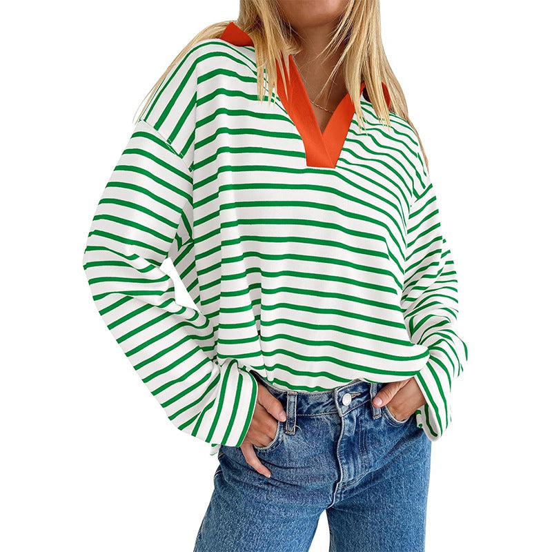 Lapel Striped Color Block Pullover Sweatshirt