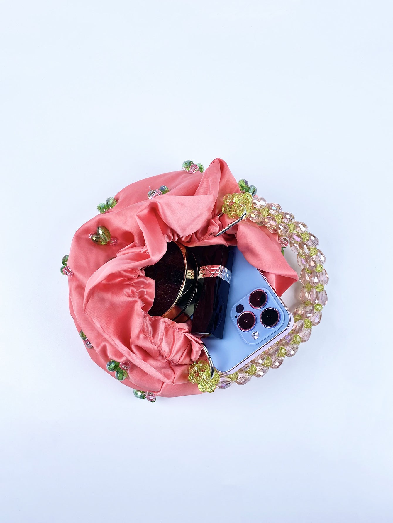 Handmade Beaded Satin Drawstring Party Handbag