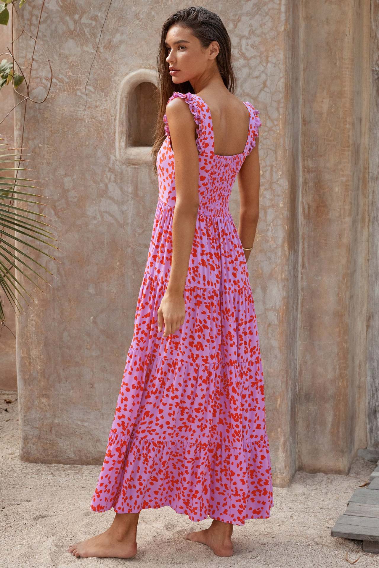 Print Square Collar Backless Long Dress