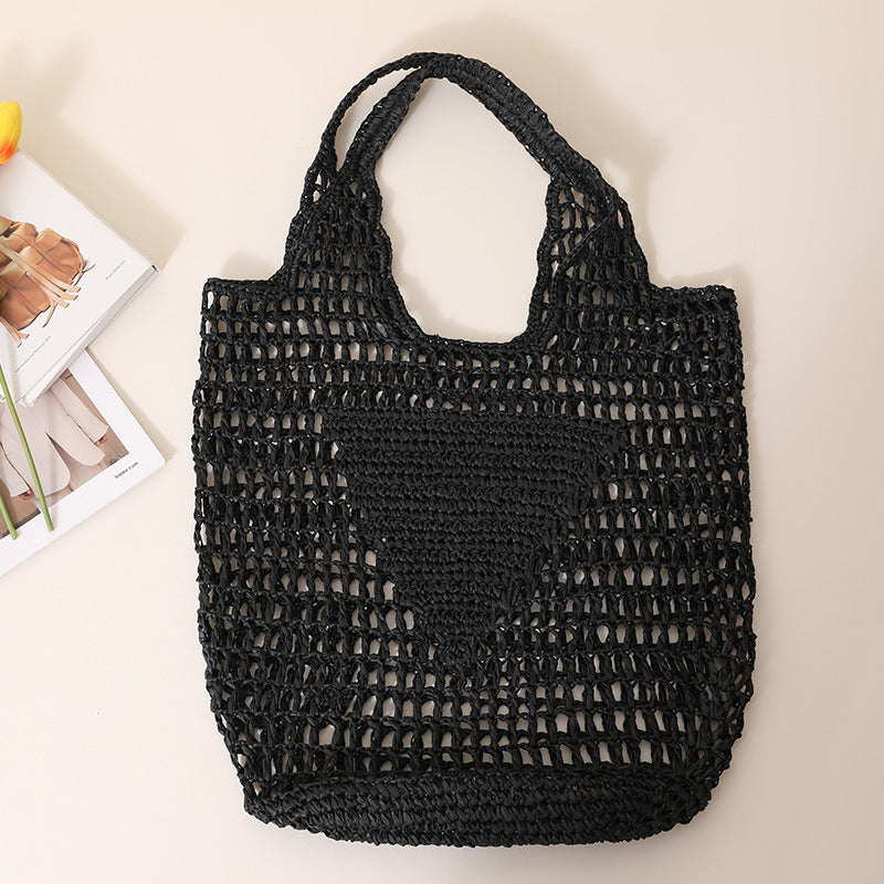 Solid Color Hollow Out Woven Handbag