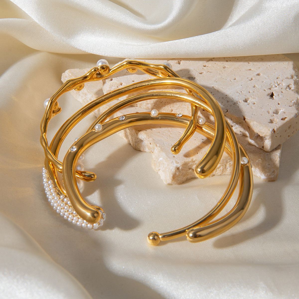 Gold Plated Pearl Open Bangle Bracelet