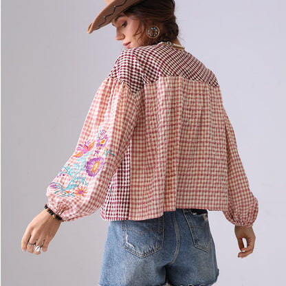 Floral Embroidered Plaid String Top