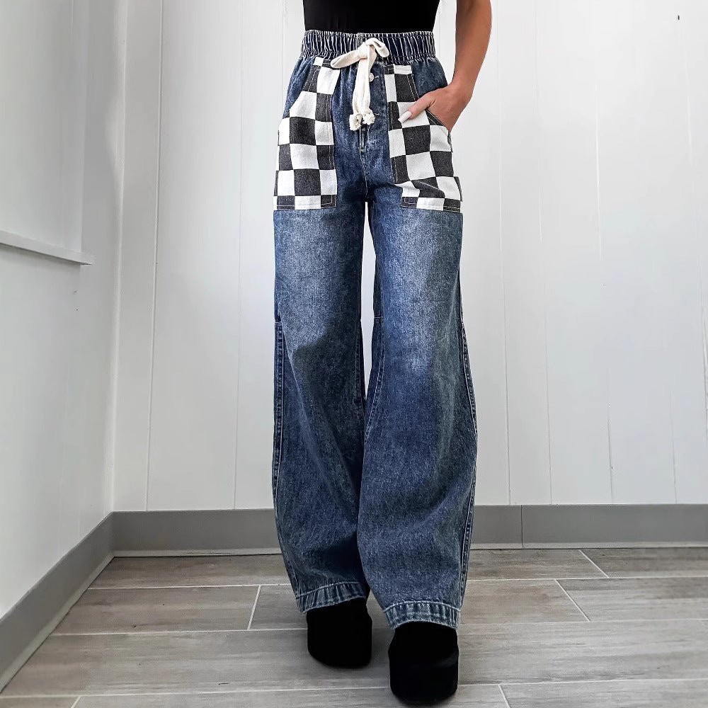 Casual Color Block Plaid Denim Long Jeans