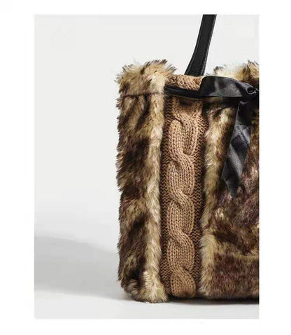 Leopard Knit Patchwork Plush Shoulder Tote Bag