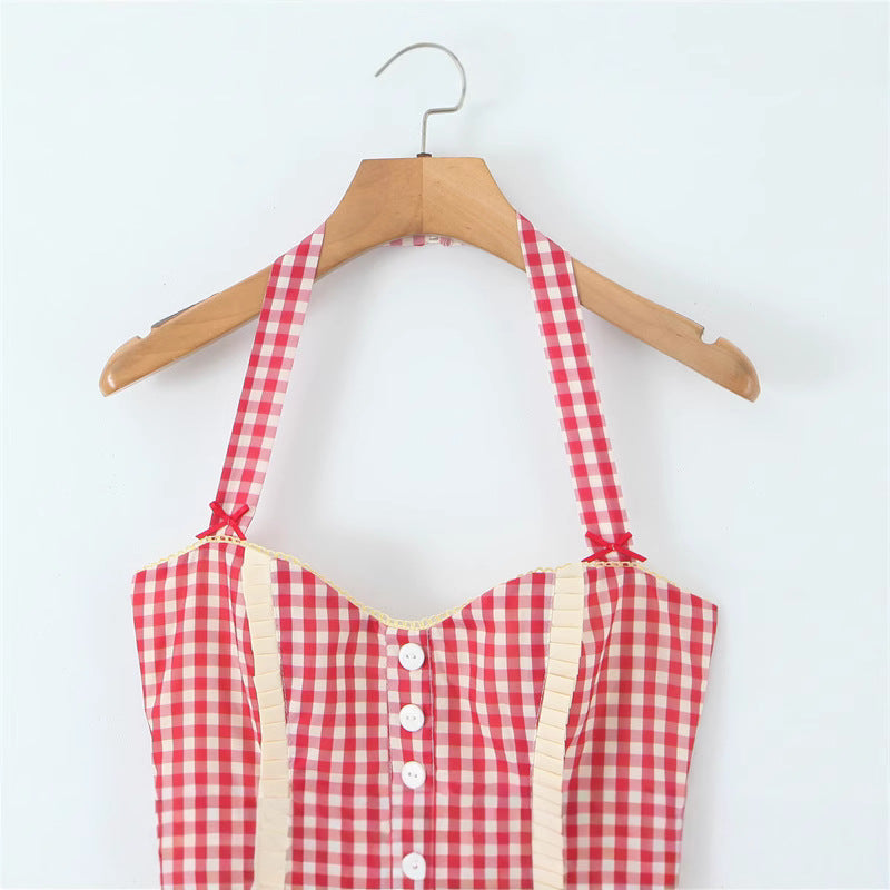 Sweet Halter Sleeveless Plaid Midi Dress