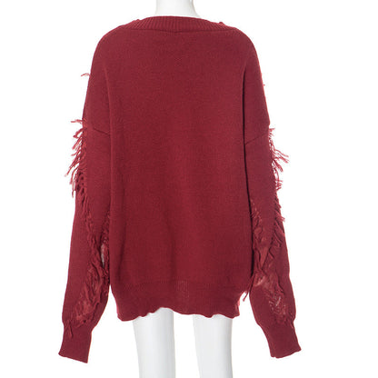 Vintage Loose Tassel Patchwork Pullover Sweater