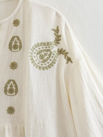 Loose Embroidered V-Neck Long Sleeve Blouse