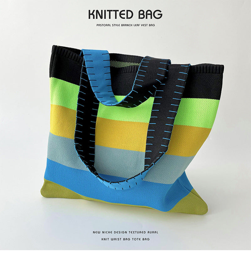 Rainbow Splice Color Block Knit Tote Bag