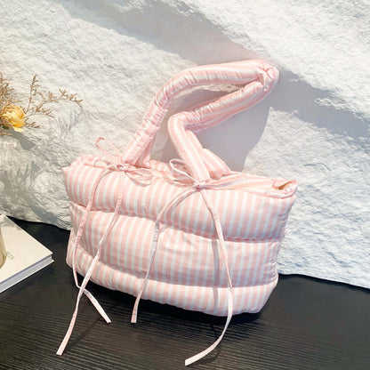 Striped Puffer Bow Knot Shoulder Handbag