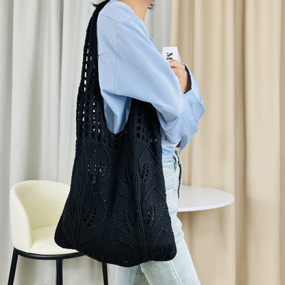 Solid Color Hollow Out Knit Shoulder Tote Bag