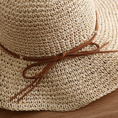 Retro Bow Tie Breathable Straw Fisherman Hat