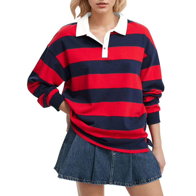 Striped Lapel Collar Long Sleeve Casual Top